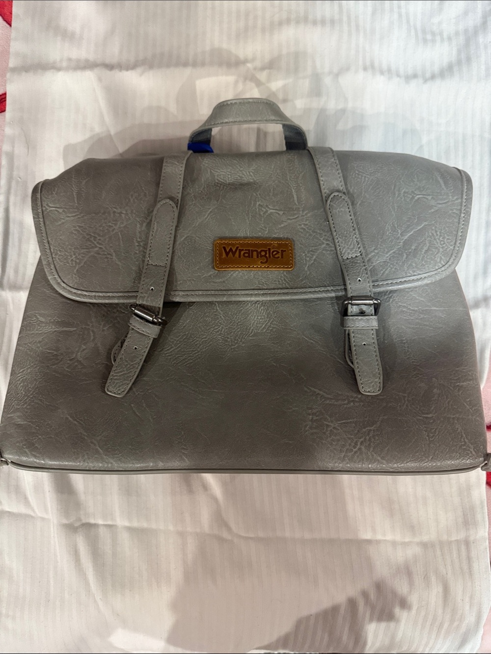 Wrangler Gray Faux-Leather Laptop Messenger Bag with Brown Patch